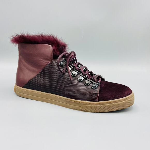 BCBGMAXAZRIA Deniz Hi Top Sneakers Size 7 Rabbit Fur Bordeaux‎ Burgundy Suede - Picture 13 of 13